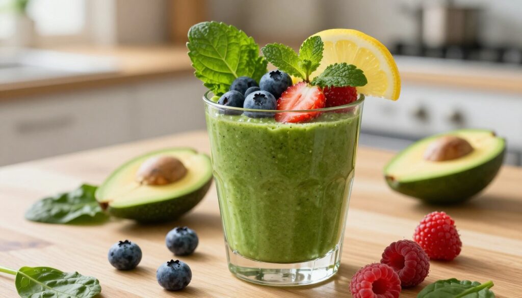 A vibrant smoothie composed of fresh spinach and a mix of blueberries, strawberries, and raspberries, artistically arranged in a clear glass. In the foreground, the smoothie is garnished with a twist of lemon and a sprig of mint, showcasing its rich green and berry colors. The middle layer captures a wooden table with sliced avocado and additional berries scattered around, emphasizing the natural ingredients. The background features a softly blurred kitchen setting with gentle morning light streaming in, creating a warm, inviting atmosphere. The mood is fresh and healthy, ideal for showcasing nutritious ingredients, captured with a slight overhead angle to highlight the smoothie’s texture and color vibrancy, rendered in high detail.