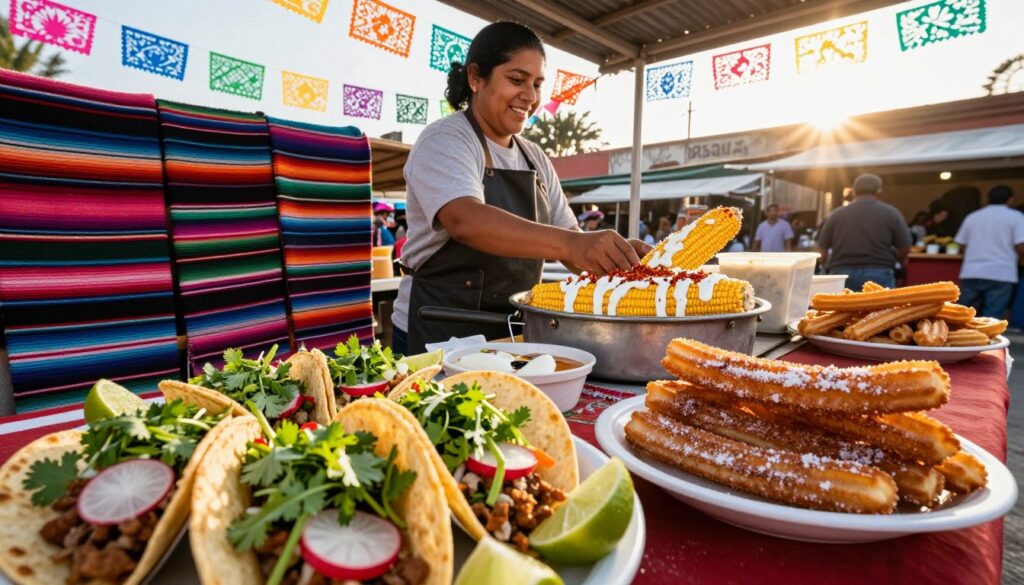 A vibrant street food scene showcasing authentic Mexican dishes. In the foreground, a colorful assortment of tacos with fresh cilantro, sliced radishes, and zingy lime wedges, alongside a plate of crispy churros dusted with cinnamon sugar. In the middle, a bustling market stall adorned with traditional handwoven textiles, where a smiling vendor in modest casual attire prepares elote (grilled corn) topped with creamy mayo, cheese, and chili powder. The background features a festive atmosphere with strings of papel picado (colorful paper banners) fluttering above and the warm glow of golden hour sunlight filtering through. Capture this lively ambiance from a slightly elevated angle to emphasize the rich textures and colors, evoking the warmth and vibrancy of a Mexican street food experience. A vibrant street food scene showcasing authentic Mexican dishes. In the foreground, a colorful assortment of tacos with fresh cilantro, sliced radishes, and zingy lime wedges, alongside a plate of crispy churros dusted with cinnamon sugar. In the middle, a bustling market stall adorned with traditional handwoven textiles, where a smiling vendor in modest casual attire prepares elote (grilled corn) topped with creamy mayo, cheese, and chili powder. The background features a festive atmosphere with strings of papel picado (colorful paper banners) fluttering above and the warm glow of golden hour sunlight filtering through. Capture this lively ambiance from a slightly elevated angle to emphasize the rich textures and colors, evoking the warmth and vibrancy of a Mexican street food experience.