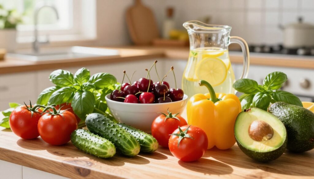 A vibrant, sunlit kitchen counter filled with fresh summer ingredients. In the foreground, a variety of colorful produce: juicy red tomatoes, sun-kissed yellow bell peppers, crisp cucumbers, fragrant basil, bright green zucchini, and plump avocados, arranged artistically on a rustic wooden surface. In the middle, a bowl of freshly picked cherries and a pitcher of lemonade add a refreshing touch. The background features blurred kitchen utensils and sunlight streaming through a window, casting warm rays across the scene. The atmosphere is inviting and lively, capturing the essence of cooking with seasonal summer ingredients. Use soft, natural lighting to enhance the freshness and vibrancy of the colors, emphasizing a cheerful and wholesome mood.