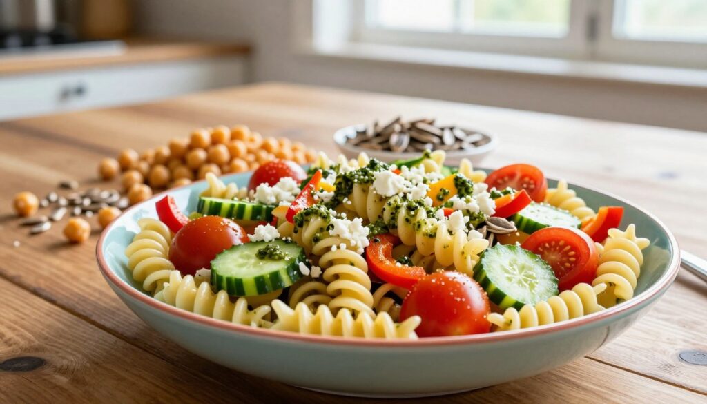 A vibrant vegetarian pasta salad arranged on a rustic wooden table. In the foreground, a large, colorful bowl overflowing with al dente fusilli pasta, tossed with fresh cherry tomatoes, crisp cucumbers, and slivers of bell peppers. Sprinkle of feta cheese and a basil pesto drizzle enhances the dish. In the middle ground, a selection of protein toppings like chickpeas and toasted sunflower seeds, scattered artistically around the salad. The background features a soft-focus kitchen setting with natural light streaming through a window, creating a warm and inviting atmosphere. Shot from a slightly elevated angle, capturing the salad at a dynamic view to emphasize texture and freshness, the mood is cheerful and appetizing, perfect for a light summer meal.