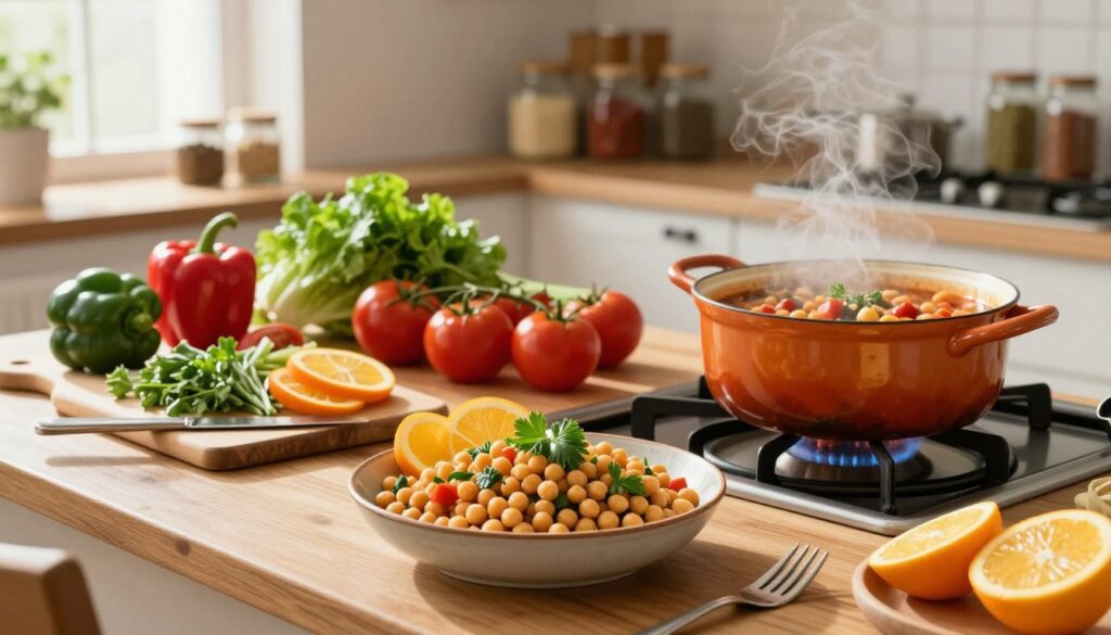 A vibrant, well-lit kitchen scene featuring a beautifully arranged table with an assortment of hearty vegetarian dishes perfect for Lent fasting. In the foreground, a colorful chickpea salad is presented in a rustic bowl, garnished with fresh herbs and citrus slices. Beside it, a steaming pot of spiced bean stew simmers on the stove, filling the air with rich aromas. In the middle ground, fresh vegetables such as bell peppers, tomatoes, and leafy greens create a lively contrast against the wooden table, while a cutting board with prepared ingredients is artfully placed. The background features shelves stocked with jars of spices and grains, suggesting a warm and inviting atmosphere. Soft, natural light filters in through a window, casting gentle shadows and enhancing the cozy feel of the scene.