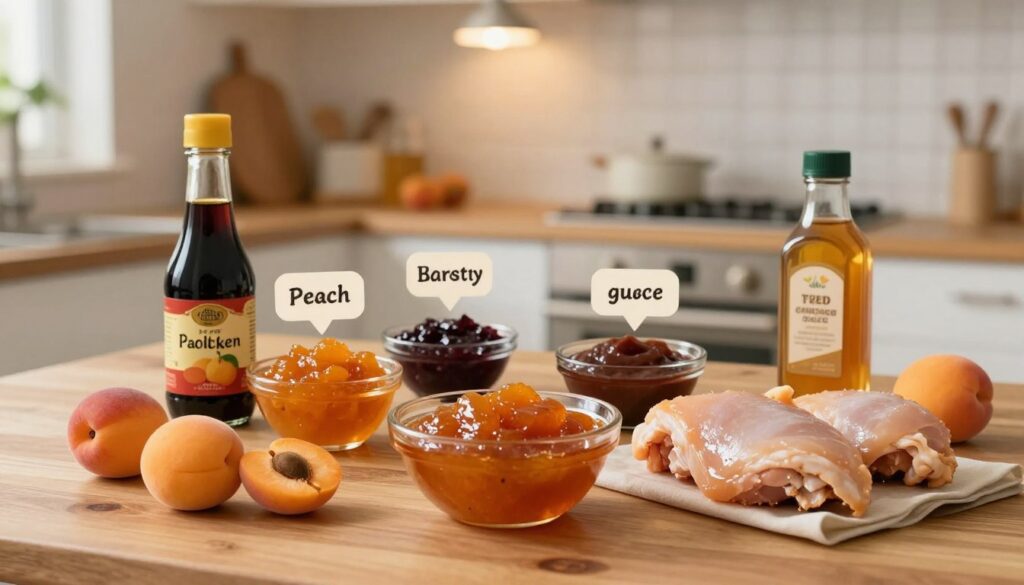 A visually appealing arrangement of easy 4-ingredient apricot chicken crockpot substitutions, featuring a wooden kitchen table as the foreground. Display a rich apricot glaze in a small sauce bowl, surrounded by fresh chicken thighs, vibrant apricots, a jar of soy sauce, and a bottle of honey. In the middle, include neatly labeled bowls with alternative ingredients like peach preserves, barbecue sauce, and ginger for added flavor. The background should be a softly lit kitchen setting, with a cozy atmosphere created by warm light from an overhead pendant. Use a shallow depth of field to gently blur the background, focusing attention on the ingredients. The mood is inviting and homey, perfect for a cooking enthusiast.