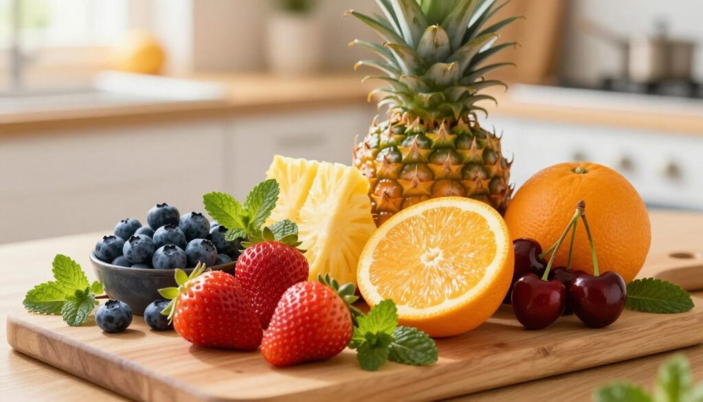 A visually appealing arrangement of the best fruits known for their anti-inflammatory properties, including vibrant blueberries, refreshing pineapples, juicy strawberries, bright oranges, and deep red cherries. The fruits should be artistically displayed on a wooden cutting board surrounded by fresh mint leaves. In the background, a soft-focus of a sunny kitchen with warm lighting creates a cozy atmosphere. A gentle light source highlights the textures and colors of the fruits, emphasizing their freshness and vibrancy. The scene captures a feeling of health and vitality, inviting viewers to explore the natural benefits of these fruits. Shot from a slightly elevated angle to showcase the variety, with shallow depth of field to maintain focus on the colorful fruits in the foreground. A visually appealing arrangement of the best fruits known for their anti-inflammatory properties, including vibrant blueberries, refreshing pineapples, juicy strawberries, bright oranges, and deep red cherries. The fruits should be artistically displayed on a wooden cutting board surrounded by fresh mint leaves. In the background, a soft-focus of a sunny kitchen with warm lighting creates a cozy atmosphere. A gentle light source highlights the textures and colors of the fruits, emphasizing their freshness and vibrancy. The scene captures a feeling of health and vitality, inviting viewers to explore the natural benefits of these fruits. Shot from a slightly elevated angle to showcase the variety, with shallow depth of field to maintain focus on the colorful fruits in the foreground.
