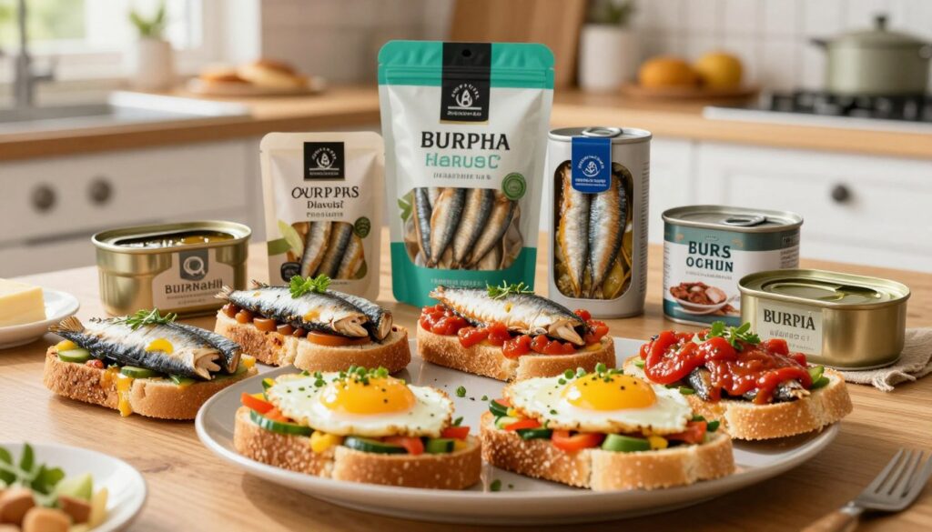 A visually appealing breakfast scene showcasing an array of sardine breakfast sandwiches, each made with different types of canned sardines, prominently featuring both oil-packed and tomato sauce options. In the foreground, a beautifully arranged platter includes sandwiches with fresh eggs, garnished with herbs and colorful vegetables, highlighting texture and flavor. The middle layer focuses on different packaging styles of sardines, such as classic tin cans, modern pouches, and vintage designs, arranged attractively. The background features a sunny kitchen with soft natural lighting, creating a warm and inviting atmosphere. A wooden table texture offers a cozy feel, while the overall mood is vibrant and appetizing, perfect for a foodie audience. Capture details with a shallow depth of field, emphasizing the sandwiches in sharp focus.