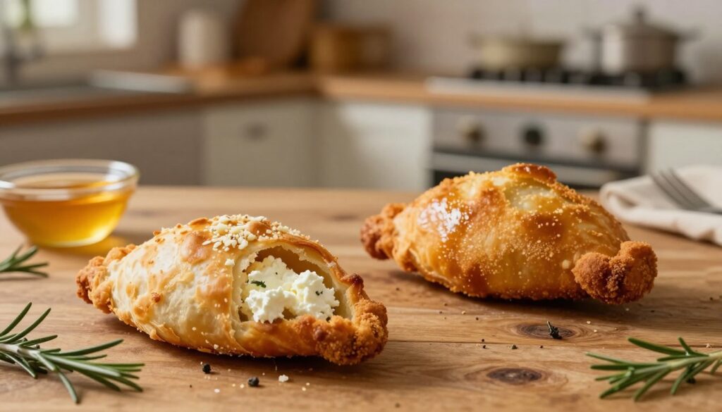 A visually appealing comparison of oven-baked and fried brick pastries filled with fresh goat cheese. In the foreground, place one golden, crispy oven-baked pastry, slightly flaked, showcasing its light texture, next to a glossy, golden-brown fried pastry, highlighting its crispiness. The middle ground features a rustic wooden table with a sprinkle of herbs like rosemary or thyme, and a small dish of honey for dipping. In the background, a softly lit kitchen setting with warm, ambient lighting enhances the cozy, inviting atmosphere. Use a shallow depth of field to focus on the pastries while gently blurring the kitchen scenery, creating an appetizing mood that emphasizes the delicious contrast between cooking methods.