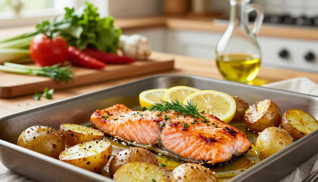 A visually appealing scene of an easy sheet pan roasted salmon with potatoes, displayed prominently in the foreground. The salmon fillets, perfectly cooked with a golden crust, are garnished with fresh herbs like dill and lemon slices. Surrounding the salmon are roasted baby potatoes, glistening with olive oil and sprinkled with seasoning. In the middle ground, there’s a rustic wooden countertop, adorned with fresh vegetables, a small bowl of olive oil, and a sprinkle of herbs, conveying a sense of preparation. The background features a softly blurred kitchen setting with natural light streaming in, creating a warm and inviting atmosphere. The image should capture the vibrant colors of the dish, focusing on textures and freshness, with a shallow depth of field to emphasize the food. A visually appealing scene of an easy sheet pan roasted salmon with potatoes, displayed prominently in the foreground. The salmon fillets, perfectly cooked with a golden crust, are garnished with fresh herbs like dill and lemon slices. Surrounding the salmon are roasted baby potatoes, glistening with olive oil and sprinkled with seasoning. In the middle ground, there’s a rustic wooden countertop, adorned with fresh vegetables, a small bowl of olive oil, and a sprinkle of herbs, conveying a sense of preparation. The background features a softly blurred kitchen setting with natural light streaming in, creating a warm and inviting atmosphere. The image should capture the vibrant colors of the dish, focusing on textures and freshness, with a shallow depth of field to emphasize the food.