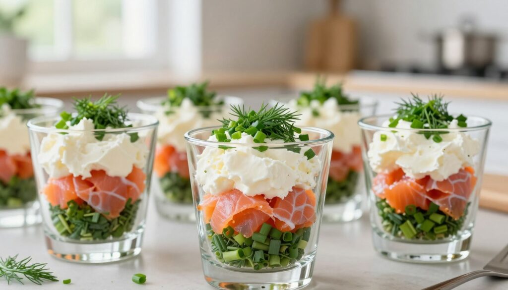 A visually rich and detailed step-by-step depiction of making smoked salmon verrines, showcasing the layering process in clear glass cups. In the foreground, highlight layers of vibrant pink smoked salmon, creamy white ricotta, and fresh green chives and dill, artfully arranged with delicate precision. The middle layer features a soft, smooth texture of ricotta, topped with finely chopped herbs for added color. In the background, an elegant kitchen setting with soft, natural light filtering through a window enhances the atmosphere, creating a warm and inviting ambiance. The image should have a shallow depth of field, focusing sharply on the verrines while softly blurring the background to emphasize the gourmet presentation of the dish.