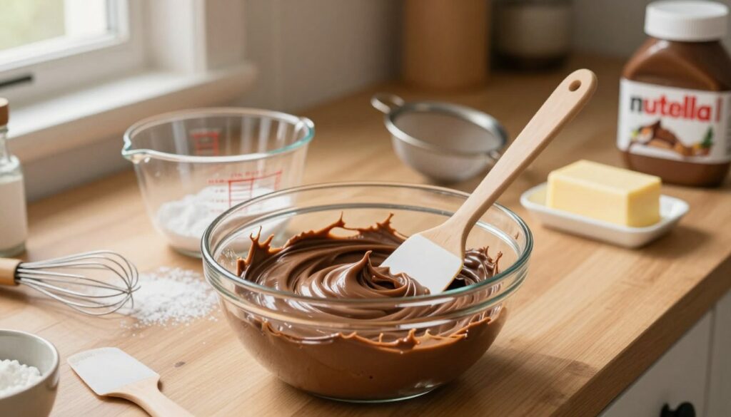 A warm and inviting kitchen scene showcasing the process of making Nutella buttercream frosting. In the foreground, a clear glass mixing bowl filled with creamy, glossy Nutella frosting, a clean spatula resting beside it. Behind the bowl, there are elegant measuring cups and a sifter dusted lightly with powdered sugar. The middle ground features a wooden countertop adorned with a few cooking tools, such as whisks and a butter dish. The background is softly blurred, hinting at warm light illuminating the kitchen, creating a cozy atmosphere. The image should capture a sense of delicious anticipation, with natural lighting coming from a nearby window, evoking a homey, inviting mood perfect for baking. A warm and inviting kitchen scene showcasing the process of making Nutella buttercream frosting. In the foreground, a clear glass mixing bowl filled with creamy, glossy Nutella frosting, a clean spatula resting beside it. Behind the bowl, there are elegant measuring cups and a sifter dusted lightly with powdered sugar. The middle ground features a wooden countertop adorned with a few cooking tools, such as whisks and a butter dish. The background is softly blurred, hinting at warm light illuminating the kitchen, creating a cozy atmosphere. The image should capture a sense of delicious anticipation, with natural lighting coming from a nearby window, evoking a homey, inviting mood perfect for baking.