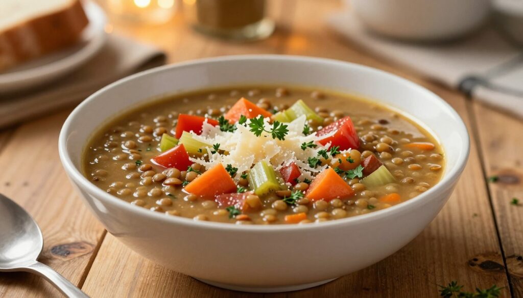 A warm, inviting bowl of hearty lentil soup sits center stage on a rustic wooden table. The soup is rich and thick, featuring a vibrant mix of colorful vegetables like carrots, celery, and diced tomatoes, topped with a sprinkle of grated Parmesan cheese that subtly melts into the broth. Fresh herbs such as parsley and thyme are scattered on top, adding a touch of green. In the background, a cozy kitchen setting is softly illuminated by warm overhead lighting, creating an inviting atmosphere. The image has a shallow depth of field, focusing on the soup with a blurred, softly glowing effect enhancing the warm tones. The angle is set slightly above the bowl, capturing the delicious texture and color of the soup while evoking a sense of comfort and homeliness.