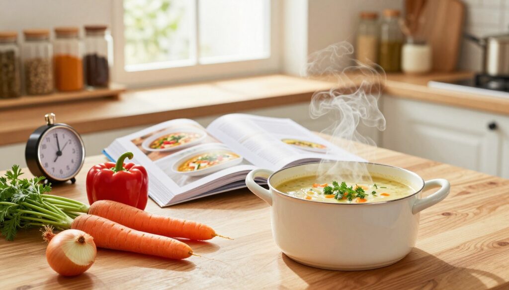 A warm, inviting kitchen scene showcasing the benefits of quick soup recipes. In the foreground, a vibrant wooden countertop with a beautifully arranged selection of fresh vegetables like carrots, onions, and bell peppers beside a pot of steaming creamy soup with herbs on top. In the middle ground, an open cookbook displays a recipe page with colorful images of quick soups, while a timer ticks down in the corner. The background features light streaming in from a nearby window, highlighting shelves filled with spices and soup ingredients, creating a cozy atmosphere. Use soft, natural lighting with a shallow depth of field to focus on the soup and vegetables, conveying a sense of warmth and simplicity in cooking. The mood should be encouraging and homey, inspiring viewers to try quick and easy soup recipes. A warm, inviting kitchen scene showcasing the benefits of quick soup recipes. In the foreground, a vibrant wooden countertop with a beautifully arranged selection of fresh vegetables like carrots, onions, and bell peppers beside a pot of steaming creamy soup with herbs on top. In the middle ground, an open cookbook displays a recipe page with colorful images of quick soups, while a timer ticks down in the corner. The background features light streaming in from a nearby window, highlighting shelves filled with spices and soup ingredients, creating a cozy atmosphere. Use soft, natural lighting with a shallow depth of field to focus on the soup and vegetables, conveying a sense of warmth and simplicity in cooking. The mood should be encouraging and homey, inspiring viewers to try quick and easy soup recipes.