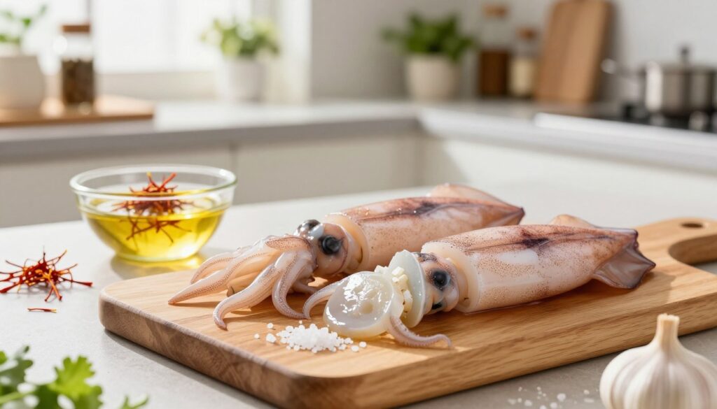 A well-lit kitchen countertop featuring a vibrant display of freshly cleaned baby squid, their delicate bodies glistening with a hint of moisture. In the foreground, a wooden cutting board showcases a couple of the squid being sliced open to reveal their tender insides, accompanied by a sprinkle of coarse sea salt and freshly chopped garlic. The middle ground should include a small bowl of fragrant saffron threads soaking in oil, adding a warm golden hue to the scene. The background captures a softly blurred image of a kitchen with herbs and spices neatly arranged on the shelves, sunlight streaming through a window, creating a warm and inviting atmosphere. The focus is sharp on the squid, with a shallow depth of field emphasizing the freshness and succulent details of the ingredients.