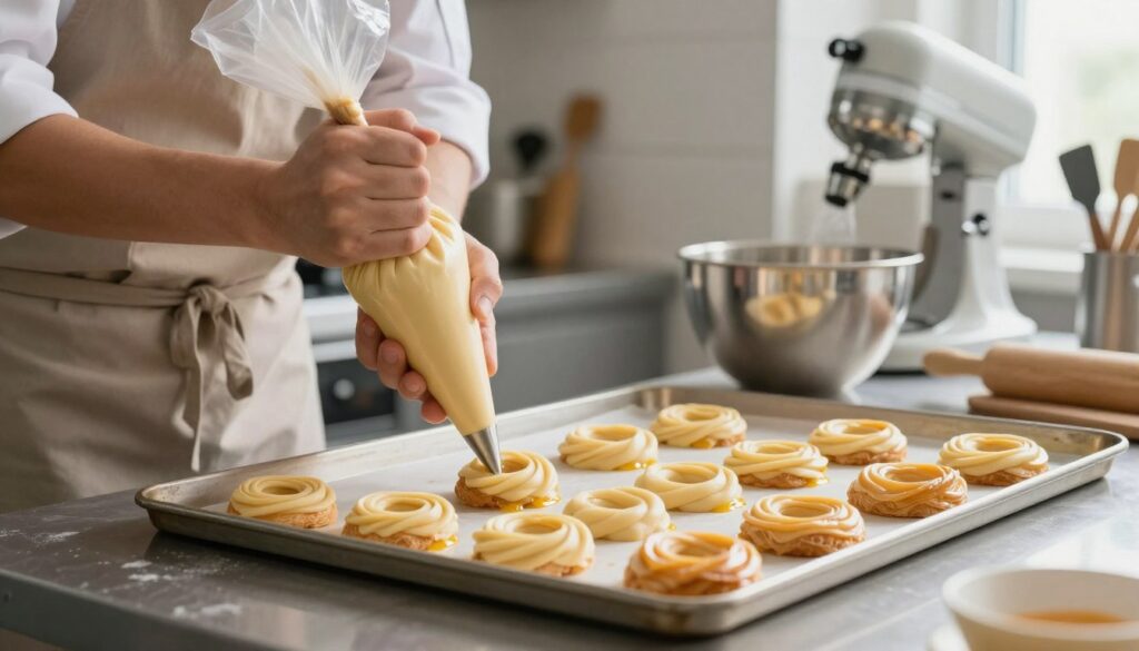 A well-lit kitchen scene featuring a chef in a modest, professional apron piping choux pastry into a perfect ring shape on a baking tray. The foreground captures the delicate piping bag, with smooth, spiraled dough forming the traditional Paris-Brest ring, showcasing a steady hand and expert technique. In the middle, the baking tray is adorned with neatly piped choux pastry rings, glistening slightly with a touch of egg wash. The background reveals organized kitchen tools, including a mixing bowl, spatula, and a stand mixer, establishing a warm and inviting atmosphere, illuminated by soft, natural light filtering through a nearby window. The overall mood is instructional and inspiring, emphasizing culinary artistry in the pastry-making process.