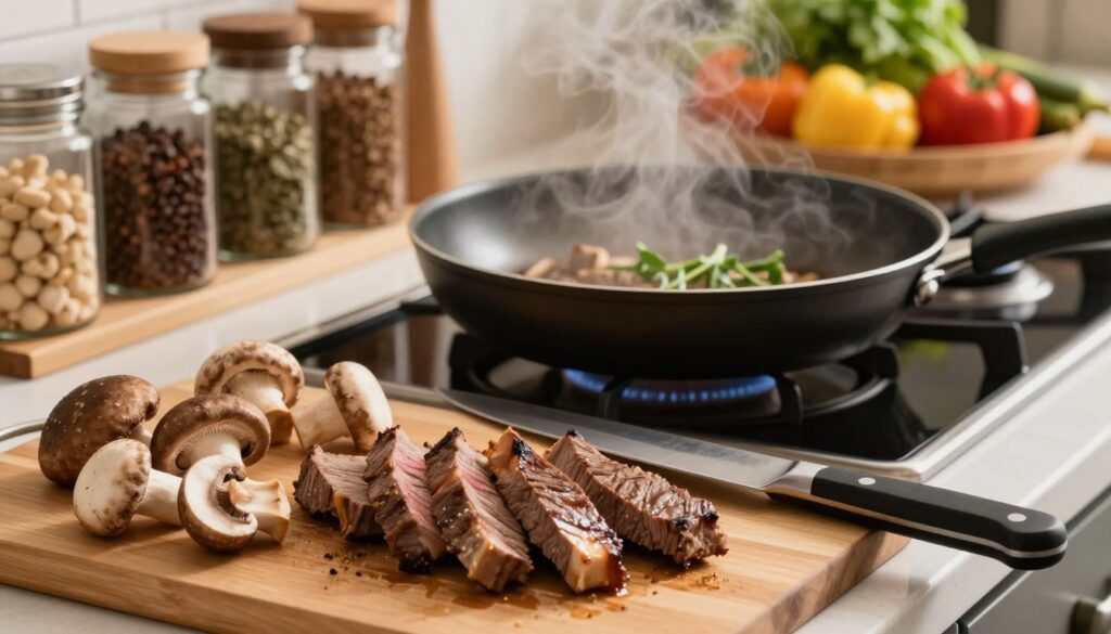 A well-lit kitchen scene focused on the preparation of tender sirloin tips with mushrooms. In the foreground, a cutting board displays neatly sliced sirloin tips and assorted mushrooms, including cremini and shiitake. A sharp chef's knife rests beside the ingredients, glistening under soft, warm lighting. In the middle, a skillet emits a light steam, suggesting a comforting cooking process, with a sprinkle of fresh herbs ready to be added. In the background, shelves filled with spices and a colorful array of vegetables create a homey atmosphere. The angle is slightly overhead, capturing both the ingredients and the stovetop action, evoking a cozy, inviting mood, perfect for a culinary adventure.