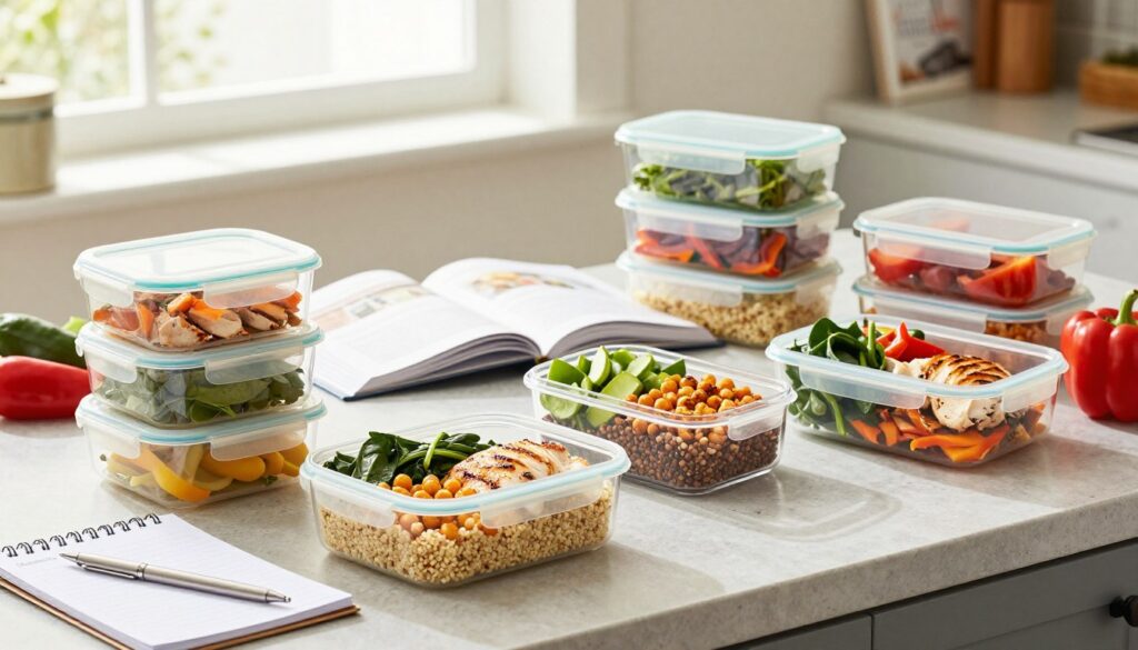 A well-organized kitchen countertop filled with colorful meal prep containers, showcasing an array of high-protein dinner ingredients like grilled chicken, quinoa, roasted chickpeas, and vibrant vegetables. In the foreground, a set of neatly labeled containers is arranged, each one filled with a different meal, while a notepad and pen sit nearby, illustrating weekly planning. The middle features an open recipe book and fresh ingredients like spinach, bell peppers, and beans artfully displayed, suggesting a focus on healthy cooking. In the background, soft lighting from a window creates a warm and inviting atmosphere, with hints of kitchen utensils and cookbooks subtly out of focus. The composition exudes a sense of organization and positivity, capturing the essence of preparing for a week of nutritious high-protein dinners.