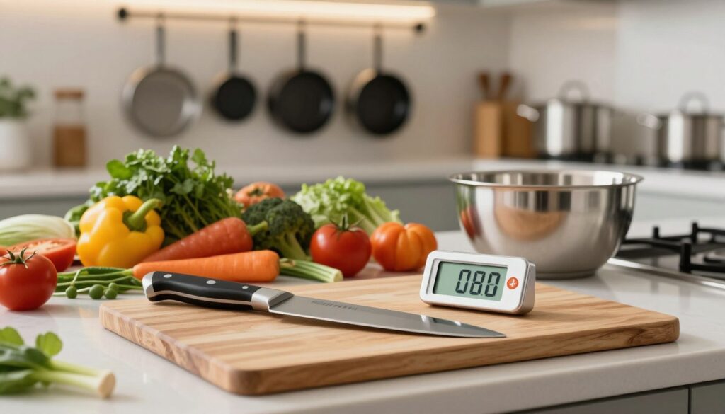 A well-organized kitchen countertop showcasing essential cooking equipment for preparing perfect meals. In the foreground, highlight a high-quality chef's knife, a sturdy cutting board, and a digital food thermometer, all gleaming under soft, natural light. In the middle ground, display a variety of colorful, fresh ingredients, such as vibrant vegetables and herbs, along with a sleek stainless steel mixing bowl. The background should feature an elegant set of pots and pans hanging on a magnetic strip, with a softly lit kitchen space that evokes a warm and inviting atmosphere. Use a shallow depth of field to create a professional look, focusing on the equipment, with a hint of blurred kitchen appliances in the background, capturing the essence of a well-equipped culinary space. A well-organized kitchen countertop showcasing essential cooking equipment for preparing perfect meals. In the foreground, highlight a high-quality chef's knife, a sturdy cutting board, and a digital food thermometer, all gleaming under soft, natural light. In the middle ground, display a variety of colorful, fresh ingredients, such as vibrant vegetables and herbs, along with a sleek stainless steel mixing bowl. The background should feature an elegant set of pots and pans hanging on a magnetic strip, with a softly lit kitchen space that evokes a warm and inviting atmosphere. Use a shallow depth of field to create a professional look, focusing on the equipment, with a hint of blurred kitchen appliances in the background, capturing the essence of a well-equipped culinary space.