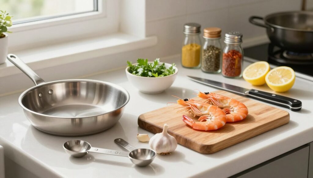 A well-organized kitchen countertop showcasing essential tools for preparing quick shrimp meals. In the foreground, feature a shiny stainless steel pan, a wooden cutting board with fresh shrimp, garlic, and sliced lemon. Additionally, include measuring spoons, a sharp chef’s knife, and a set of colorful spices in glass jars. In the middle, place a small bowl filled with fresh herbs, symbolizing freshness. The background should be bright and inviting, with soft natural light illuminating the space, creating a warm, cooking atmosphere. Capture the scene from a slightly elevated angle to emphasize the arrangement of tools, enhancing the mood of a cozy cooking environment.