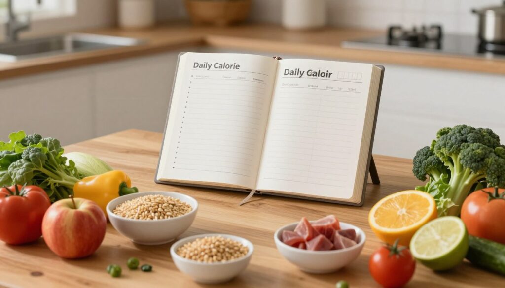 A well-organized workspace featuring a diverse meal planning scene. In the foreground, a neatly arranged wooden table displays a colorful array of healthy foods, such as fresh fruits, vegetables, whole grains, lean proteins, and healthy fats, symbolizing balanced calorie increases. In the middle ground, an open meal planner with bullet points illustrates a step-by-step daily calorie increase plan, depicted in a clean, minimalist style. The background shows a soft-focus kitchen setting with warm lighting, suggesting a cozy and inviting atmosphere. The angle should be slightly overhead to capture the entire scene effectively. The overall mood is encouraging and motivating, ideal for individuals preparing to increase their calorie intake gradually.