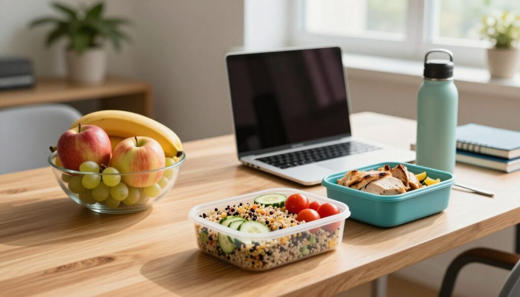A wooden office desk adorned with a neatly arranged lunch setup. In the foreground, there are colorful meal prep boxes containing a vibrant quinoa salad, sliced cucumbers, cherry tomatoes, and grilled chicken. Beside the boxes, a fresh fruit bowl featuring apples, bananas, and grapes adds a pop of color. In the middle, a laptop is partially open, and a stylish reusable water bottle sits close by, hinting at a professional setting. The background features soft-focus office decor, such as a potted plant and a stack of notebooks. Natural, warm lighting streams in from a nearby window, creating an inviting and productive atmosphere. The overall mood is cheerful and organized, perfect for quick lunch ideas at work. A wooden office desk adorned with a neatly arranged lunch setup. In the foreground, there are colorful meal prep boxes containing a vibrant quinoa salad, sliced cucumbers, cherry tomatoes, and grilled chicken. Beside the boxes, a fresh fruit bowl featuring apples, bananas, and grapes adds a pop of color. In the middle, a laptop is partially open, and a stylish reusable water bottle sits close by, hinting at a professional setting. The background features soft-focus office decor, such as a potted plant and a stack of notebooks. Natural, warm lighting streams in from a nearby window, creating an inviting and productive atmosphere. The overall mood is cheerful and organized, perfect for quick lunch ideas at work.