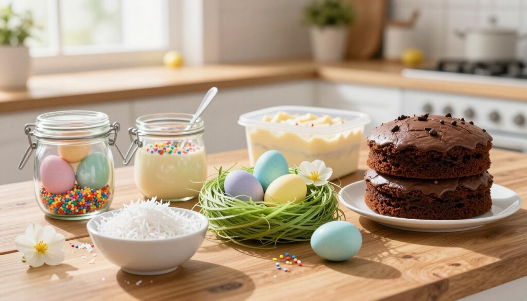 An aesthetically pleasing flat lay composition of ingredients for an Easter Nest Cake, vividly arranged on a rustic wooden countertop. In the foreground, showcase a small bowl of shredded coconut, a glass jar of pastel-colored chocolate eggs, and a stack of fluffy chocolate cake layers. The middle ground features a container of creamy icing, fresh spring flowers, and colorful sprinkles. In the background, soft natural light floods in from a nearby window, casting gentle shadows, while a blurred view of a cheerful kitchen can be seen. The mood is inviting and festive, evoking the warmth of springtime celebrations. This arrangement should reflect a harmonious balance of colors and textures, perfect for visually representing the delightful ingredients of the cake.