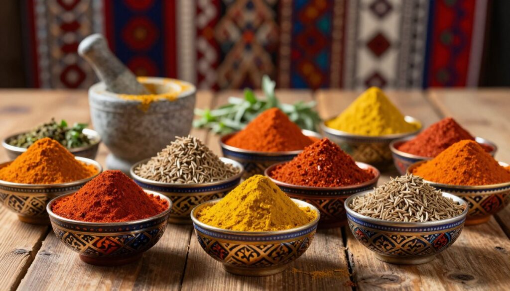 An array of North African spices arranged artistically on a rustic wooden table, focusing on vibrant hues of red, yellow, and orange from spices like paprika, turmeric, and cumin. Foreground features a close-up of small, intricately designed bowls filled with these spices, each bowl reflecting the ornate motifs of Moroccan craftsmanship. In the middle ground, a mortar and pestle, dusted with spice residue, suggest a sense of preparation, while scattered herbs add freshness. The background softly blurs with hints of traditional Moroccan textiles and patterns, invoking warmth and culture. Soft, natural lighting casts gentle shadows, enhancing the rich textures and colors. The overall mood is inviting and aromatic, capturing the essence of cooking with these signature spices.