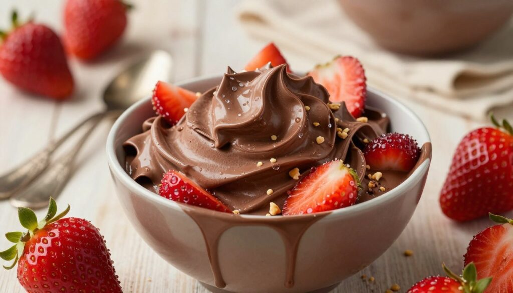 An inviting close-up shot of a bowl filled with creamy chocolate-strawberry nice cream, showcasing rich chocolate swirls and vibrant strawberry pieces. In the foreground, the texture of the nice cream is highlighted, with drips of melted chocolate cascading down the sides of the bowl. Fresh strawberries with jeweled droplets sit artfully around the bowl, while a sprinkle of crushed nuts adds a touch of crunch. The middle ground features elegant spoons and a soft-focus background of a rustic kitchen with warm lighting, evoking a cozy and inviting atmosphere. Utilize soft, natural light to create a warm glow, and a shallow depth of field to emphasize the delicious details of the nice cream, inviting the viewer to indulge in this delightful treat.