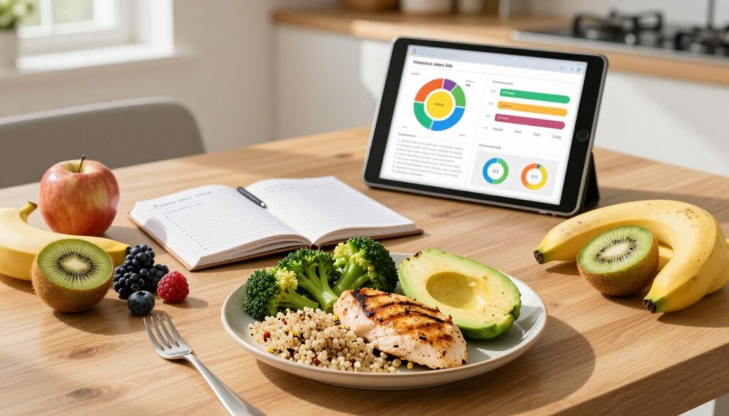 An organized meal planning workspace featuring a wooden table adorned with a variety of healthy, nutrient-dense foods. In the foreground, display a neatly arranged plate filled with grilled chicken breast, quinoa, steamed broccoli, and sliced avocado. Surrounding the plate are colorful fruits like bananas, berries, and kiwi, symbolizing a balanced approach. In the middle, include an open notebook with handwritten notes and a digital tablet displaying colorful charts and graphs illustrating a weight gain progress plan. The background reveals a bright kitchen environment with natural light streaming in through a window, casting soft shadows. The mood is encouraging and motivating, creating an atmosphere of health and well-being, ideal for a gradual weight gain meal plan.