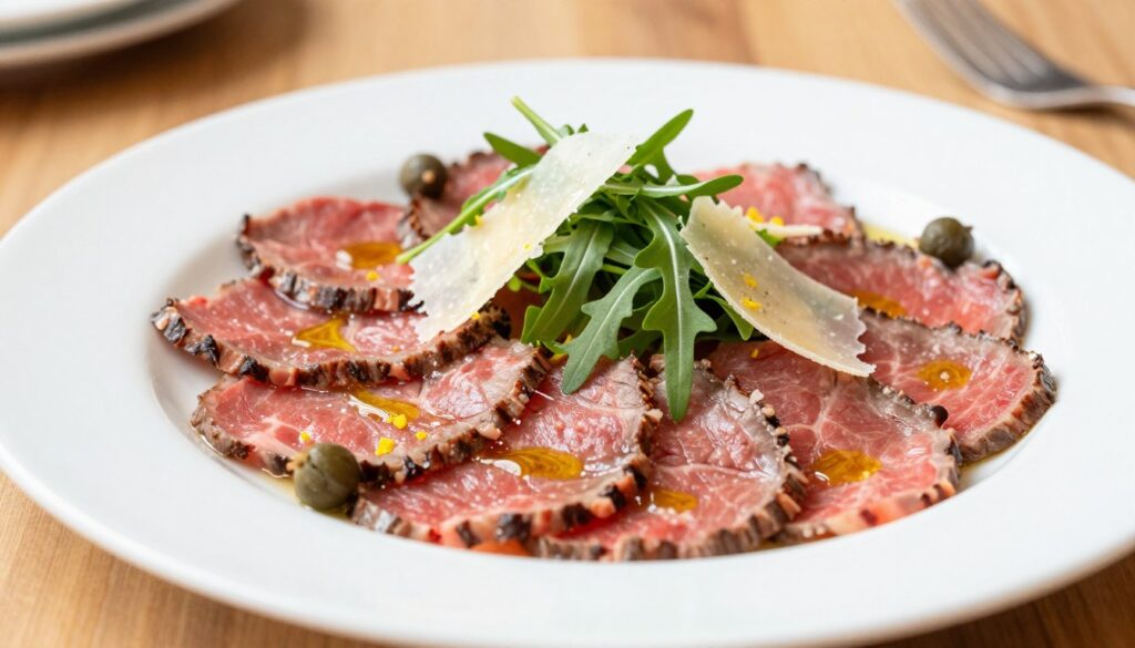 Beef tenderloin carpaccio, artfully arranged in translucent, thin slices on a pristine white plate. The slices glisten with a light drizzle of olive oil, topped with a sprinkle of fresh arugula and shavings of Parmesan cheese. In the foreground, the plate is garnished with capers and a hint of lemon zest, enhancing the elegant presentation. The background features a soft-focus wooden dining table, bathed in warm, natural lighting that accentuates the rich red color of the beef. A shallow depth of field draws attention to the dish while maintaining a cozy and inviting atmosphere, perfect for a culinary showcase. The image captures the sophistication and freshness that make beef tenderloin an ideal choice for carpaccio.