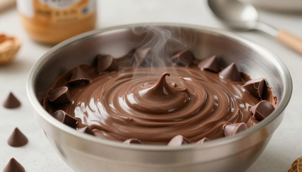 Close-up view of melting chocolate chips in a stainless steel bowl, warm, glossy texture reflecting soft kitchen lighting. The chocolate chips, glossy and partially melted, are surrounded by a few scattered, whole chocolate chips in the foreground. In the background, a blurred kitchen countertop with a hint of peanut butter jars and measuring spoons creates an inviting atmosphere. The creamy, rich chocolate gives off an indulgent feel, with steam gently rising from the bowl to convey warmth. Use natural light to enhance the rich colors and create a cozy ambiance. The angle should be slightly overhead, focusing on the melting chocolate texture while offering a glimpse of the kitchen setting, evoking a delightful cooking experience.