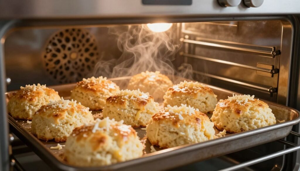 Fluffy buttermilk biscuits baking in a warm, inviting oven, golden brown tops rising gently, with steam softly wafting from their freshly baked surfaces. The foreground features a close-up of a baking tray filled with the biscuits, showcasing their light and airy texture, sprinkled with flecks of white cheddar cheese that melt slightly. In the middle ground, the oven’s interior glows warmly with the soft light reflecting off polished metal surfaces, emphasizing the enticing aroma just out of frame. The background shows an open kitchen with rustic wooden shelves and warm natural lighting, creating a cozy atmosphere perfect for home baking. The scene conveys a sense of comfort and culinary joy, appealing to viewers eager to perfect their biscuit-making skills.