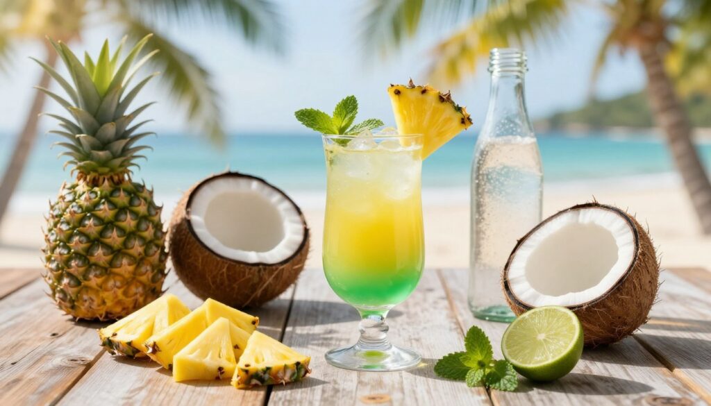 Fresh pineapple mocktail recipe ingredients neatly arranged on a rustic wooden table. In the foreground, showcase vibrant, sliced fresh pineapples, a halved lime, and sprigs of mint for garnish. In the middle, include a clear glass filled with a refreshing mocktail that has a beautiful gradient of yellow and green, topped with sliced pineapples and a mint garnish. Surround it with coconut water in an open coconut shell and a glass bottle of sparkling water. In the background, a softly blurred tropical beach scene with palm trees under bright sunlight creates a warm, inviting atmosphere. Use natural lighting to enhance the freshness of the ingredients, and shoot at a slightly elevated angle to capture the arrangement beautifully. The mood is cheerful and summery, perfect for a drink recipe.