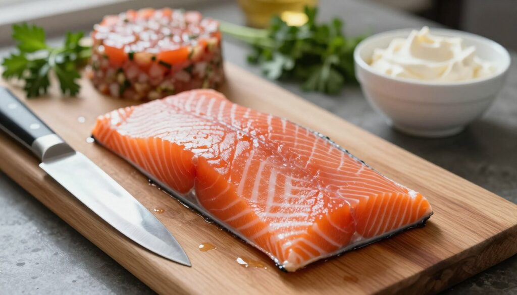Fresh salmon fillets skillfully laid out on a wooden cutting board, glistening with a light sheen of moisture, showcasing vibrant shades of orange and pink. Beside the salmon, a sharp chef's knife rests, reflecting the natural light from a nearby window. In the background, cool ingredients for the terrine, such as chopped herbs and a bowl of cream, are elegantly arranged, hinting at a well-organized kitchen. The lighting is soft and warm, creating an inviting atmosphere that emphasizes the freshness of the ingredients. The camera angle is slightly overhead, allowing a clear view of the preparation process, with a focus on the salmon as the star of the image. An ambiance of culinary creativity fills the scene, perfect for inspiring home cooks.