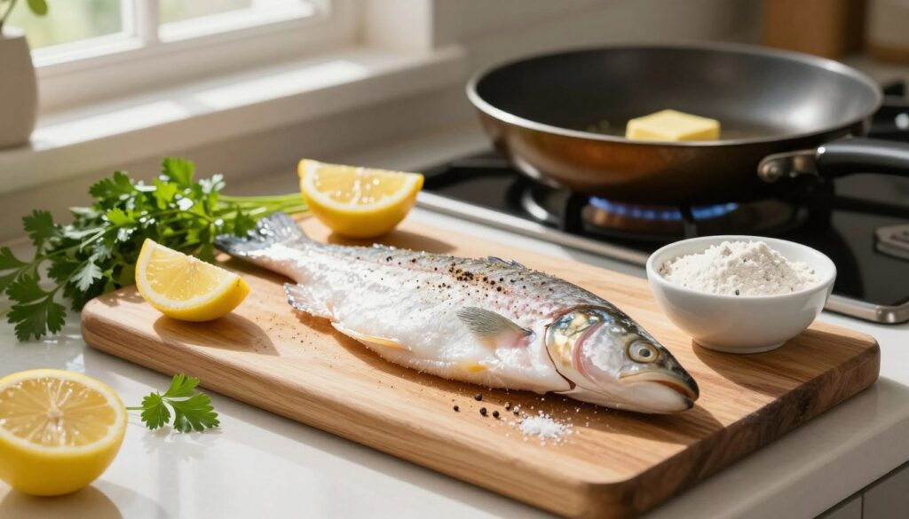 Fresh sole fillets lay on a wooden cutting board, seasoned with salt and pepper, surrounded by a vibrant array of ingredients: lemon wedges, fresh parsley, and a small bowl of flour ready for dredging. In the background, a stove showcases an elegant frying pan heated and glistening with butter, reflecting warm light. The setting is a cozy kitchen, with soft, natural sunlight filtering through a nearby window, casting gentle shadows. The atmosphere is inviting and homey, evoking the essence of a classic culinary experience. The composition focuses on the preparation process, capturing a serene moment of cooking joy, with texture details on the fish and ingredients emphasized.