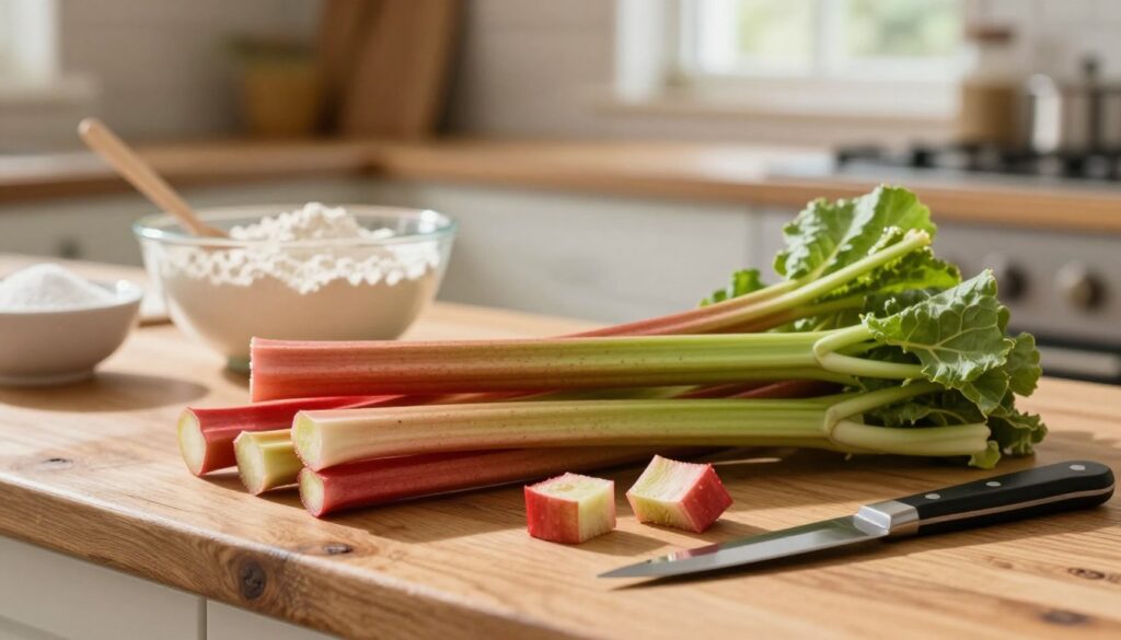 Freshly picked rhubarb stalks with vibrant red and green hues, arranged artfully on a rustic wooden kitchen counter. In the foreground, a few whole rhubarb stalks are lying next to a chopped piece displaying its juicy interior, with a knife glistening beside them. In the middle ground, a mixing bowl filled with flour, sugar, and other baking ingredients hints at the preparation of a delicious cake. The background features soft-focus elements of a warm, inviting kitchen with natural light streaming through a window, casting gentle shadows. The atmosphere is cozy and homey, evoking a sense of seasonal baking joy, emphasizing the fresh ingredients essential for a tasty rhubarb coffee cake.