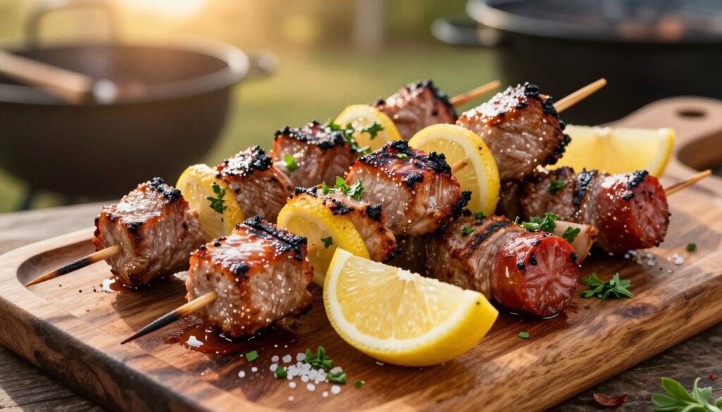 Juicy grilled pork skewers with vibrant pieces of chorizo and fresh lemon wedges artfully arranged on a rustic wooden platter. The skewers are sizzling, with grill marks showcasing the caramelization of the meats, and glistening with a light gloss from a homemade lemon marinade. Lush green herbs and a sprinkle of coarse sea salt for garnish enhances the visual appeal. The background features a softly blurred outdoor barbecue setting, basking in golden hour lighting for a warm, inviting mood. A close-up angle emphasizes the textures of the grilled meat and the juiciness of the lemon, capturing the essence of a summer cookout. Juicy grilled pork skewers with vibrant pieces of chorizo and fresh lemon wedges artfully arranged on a rustic wooden platter. The skewers are sizzling, with grill marks showcasing the caramelization of the meats, and glistening with a light gloss from a homemade lemon marinade. Lush green herbs and a sprinkle of coarse sea salt for garnish enhances the visual appeal. The background features a softly blurred outdoor barbecue setting, basking in golden hour lighting for a warm, inviting mood. A close-up angle emphasizes the textures of the grilled meat and the juiciness of the lemon, capturing the essence of a summer cookout.