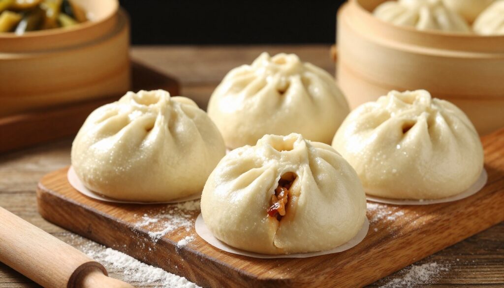 Soft, fluffy bao buns with a delicate, rounded shape and visible glistening pork filling peeking out from the sides, arranged artfully on a rustic wooden board. In the foreground, sprinkle of flour adds texture, and a rolling pin lies nearby, hinting at the dough preparation process. In the middle, soft, ambient lighting creates a warm atmosphere, gently illuminating the buns to accentuate their smooth, pillowy surface. In the background, blurred imagery of bamboo steamer baskets and some preserved vegetables enhances the authenticity of the setting. The focus should be tight on the bao buns, inviting and mouth-watering, evoking a sense of home-cooked comfort food. The overall mood should feel inviting and cozy, showcasing the artisanal nature of crafting these delicious steamed treats. Soft, fluffy bao buns with a delicate, rounded shape and visible glistening pork filling peeking out from the sides, arranged artfully on a rustic wooden board. In the foreground, sprinkle of flour adds texture, and a rolling pin lies nearby, hinting at the dough preparation process. In the middle, soft, ambient lighting creates a warm atmosphere, gently illuminating the buns to accentuate their smooth, pillowy surface. In the background, blurred imagery of bamboo steamer baskets and some preserved vegetables enhances the authenticity of the setting. The focus should be tight on the bao buns, inviting and mouth-watering, evoking a sense of home-cooked comfort food. The overall mood should feel inviting and cozy, showcasing the artisanal nature of crafting these delicious steamed treats.