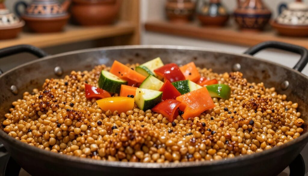 Toasted Moroccan-style buckwheat (kasha) sizzling in a rustic iron pan, with a focus on the golden grains glistening under the warm, soft overhead light. The foreground highlights the texture of the toasted kasha, showcasing grains that are perfectly browned, some slightly popping. In the middle, vibrant diced vegetables like bell peppers, zucchini, and carrots are mingling with the buckwheat, their colors contrasting beautifully. The background features a kitchen setting with earthy wooden shelves and Moroccan ceramic pots, adding cultural depth. The angle is slightly tilted, capturing the rich detail of the dish while creating an inviting, warm atmosphere that emphasizes the culinary process and traditional Moroccan influence.