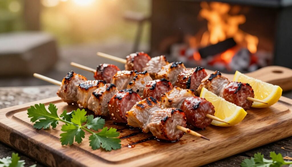 Vibrant image of grilled pork and chorizo skewers displayed on a rustic wooden cutting board, tantalizingly caramelized with grill marks. The skewers are arranged artistically, showcasing pieces of juicy pork interspersed with spicy chorizo slices and bright yellow lemon wedges. In the foreground, fresh herbs like parsley and cilantro add a pop of color. The background features a softly blurred outdoor barbecue setting with glowing coals and warm, golden sunlight filtering through trees, creating a relaxed, inviting atmosphere. Use a shallow depth of field to keep the focus on the skewers, capturing their textures and colors while the background remains softly illuminated. The mood is warm and appealing, perfect for a casual outdoor dining experience. Vibrant image of grilled pork and chorizo skewers displayed on a rustic wooden cutting board, tantalizingly caramelized with grill marks. The skewers are arranged artistically, showcasing pieces of juicy pork interspersed with spicy chorizo slices and bright yellow lemon wedges. In the foreground, fresh herbs like parsley and cilantro add a pop of color. The background features a softly blurred outdoor barbecue setting with glowing coals and warm, golden sunlight filtering through trees, creating a relaxed, inviting atmosphere. Use a shallow depth of field to keep the focus on the skewers, capturing their textures and colors while the background remains softly illuminated. The mood is warm and appealing, perfect for a casual outdoor dining experience.