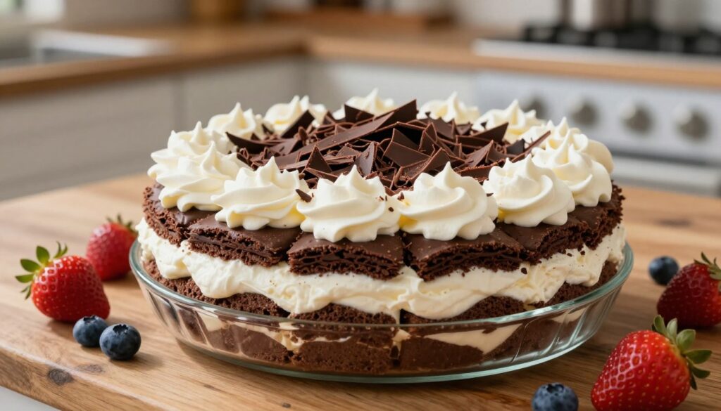 homemade icebox cakes with chocolate wafers and whipped cream