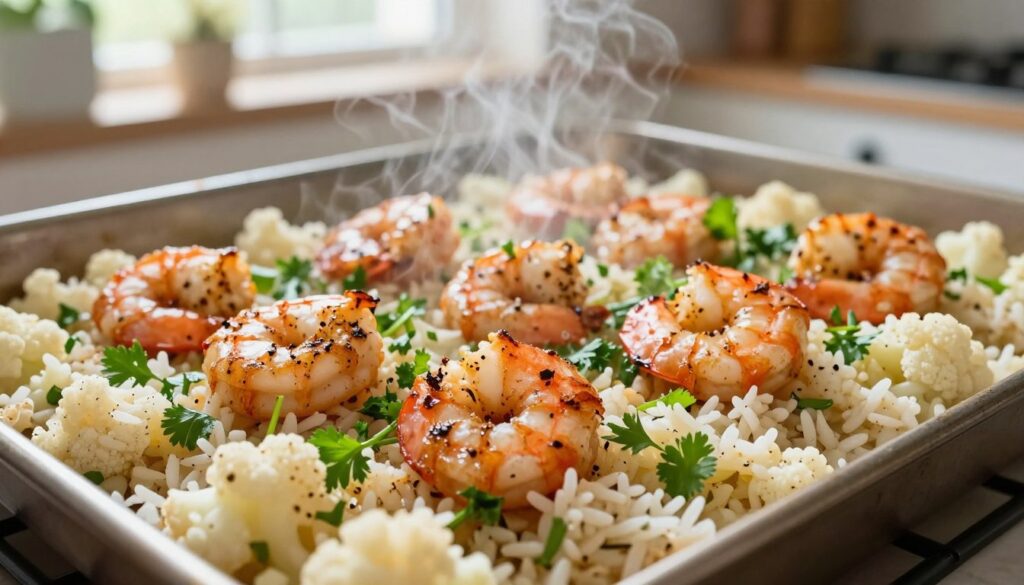 The Best Easy Sheet Shrimp and Cauli Current image: sheet pan shrimp and cauliflower rice